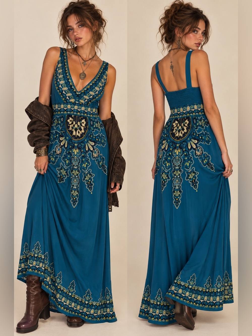 Vintage Y2K INC Teal Paisley Whimsigoth Boho Empire Waist Stretch Maxi Dress XL